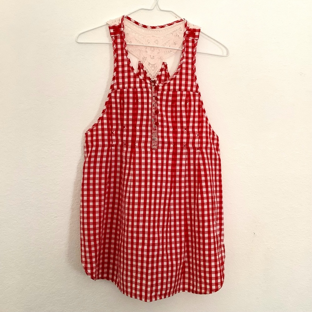 NWOT Free People Blouse Sz 4 Red White Gingham Racer Back